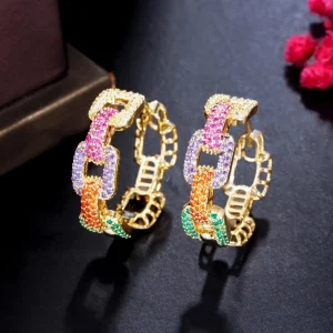 New Trendy Colorful Micro Pave CZ Stones Gold Plated Geometric Cuban Chain Link Hoop Earrings for Women Jewelry
